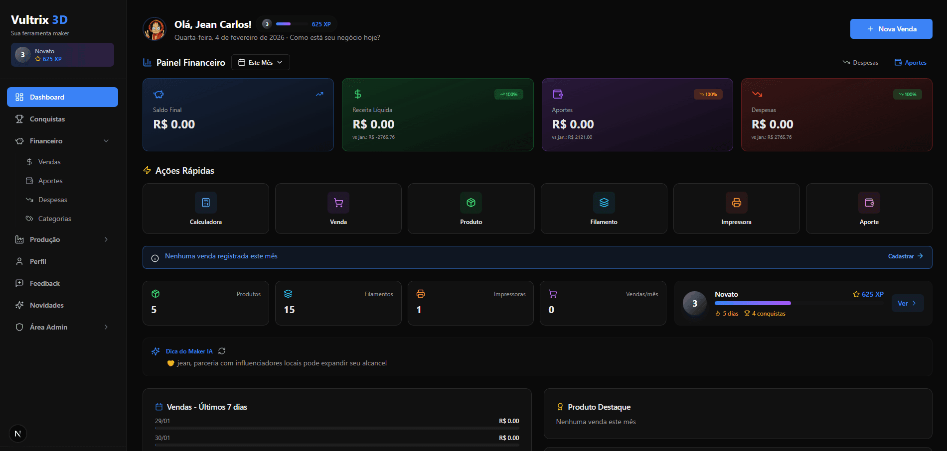 Dashboard Vultrix3D com metricas financeiras em tempo real